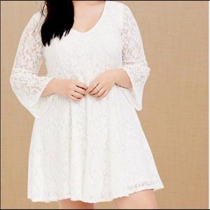 Torrid Ivory Lace Bell Sleeve Fluted Mini Dress